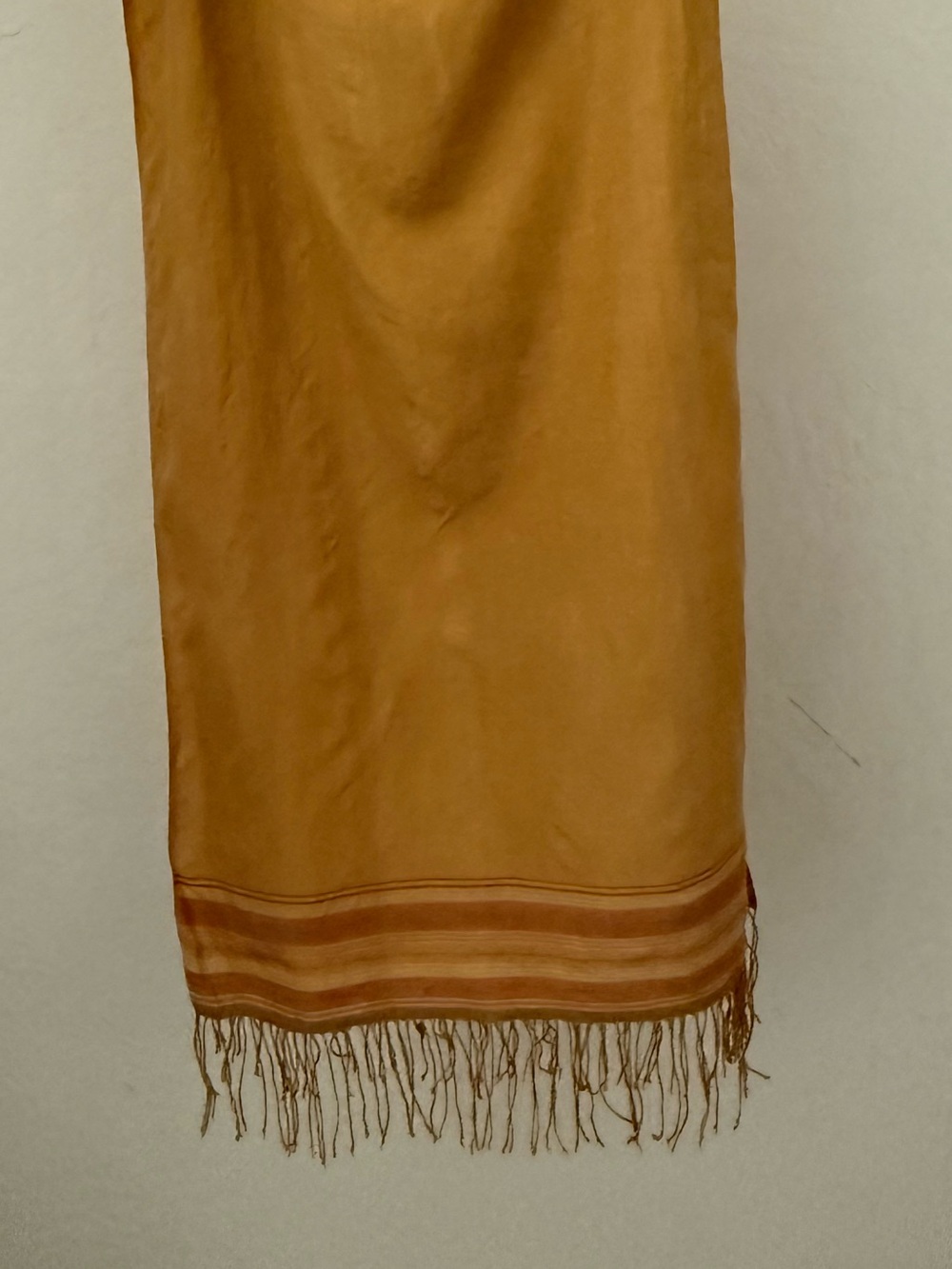 Muted Gold Long Silk Scarf or Wrap with Stripes and Fringe at Ends - Picture 4 of 6